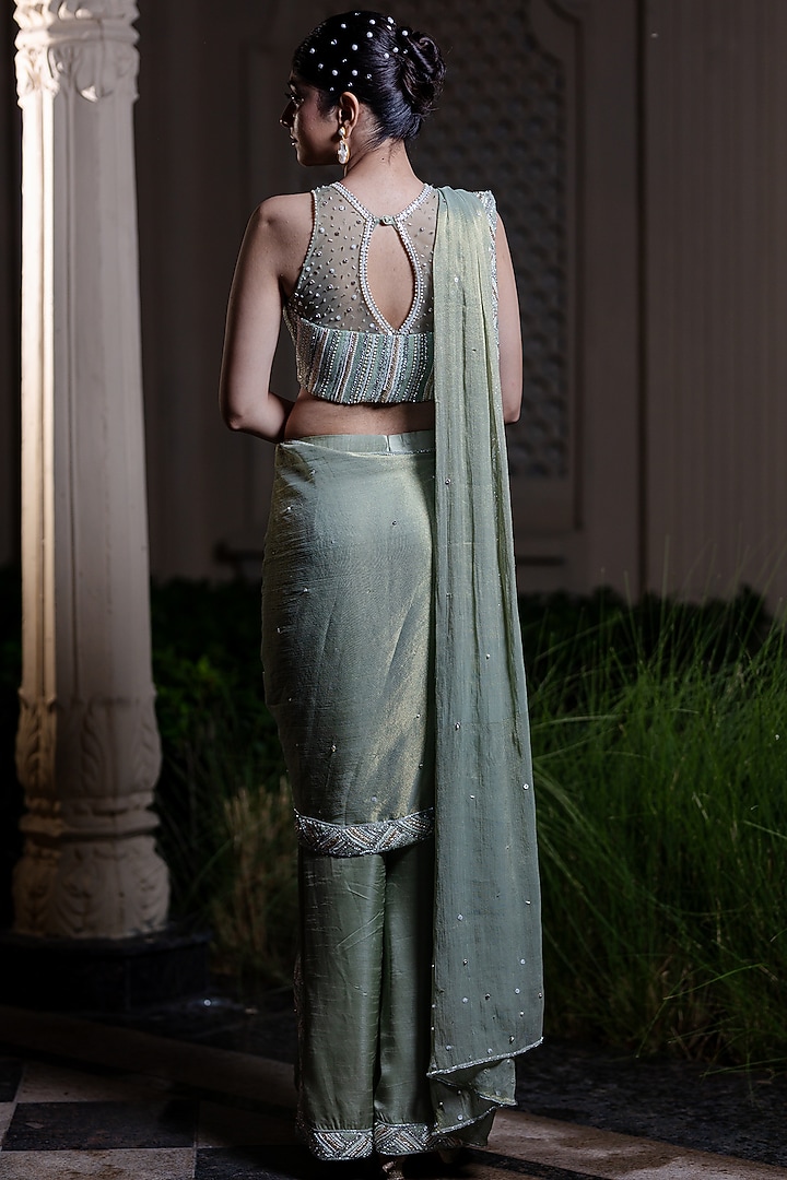 Mint Green Raw Silk Satin Sequin Hand Embroidered Pant Wedding Saree Set by Farha Syed at Pernia's Pop Up Shop