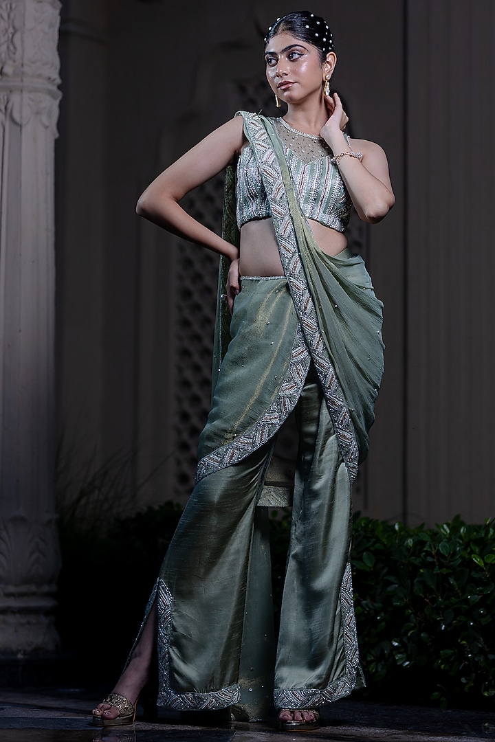 Mint Green Raw Silk Satin Sequin Hand Embroidered Pant Wedding Saree Set by Farha Syed at Pernia's Pop Up Shop
