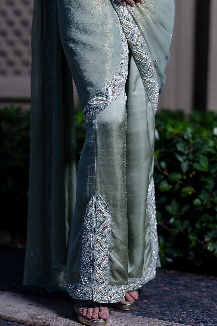 Mint Green Raw Silk Satin Sequin Hand Embroidered Pant Wedding Saree Set by Farha Syed at Pernia's Pop Up Shop