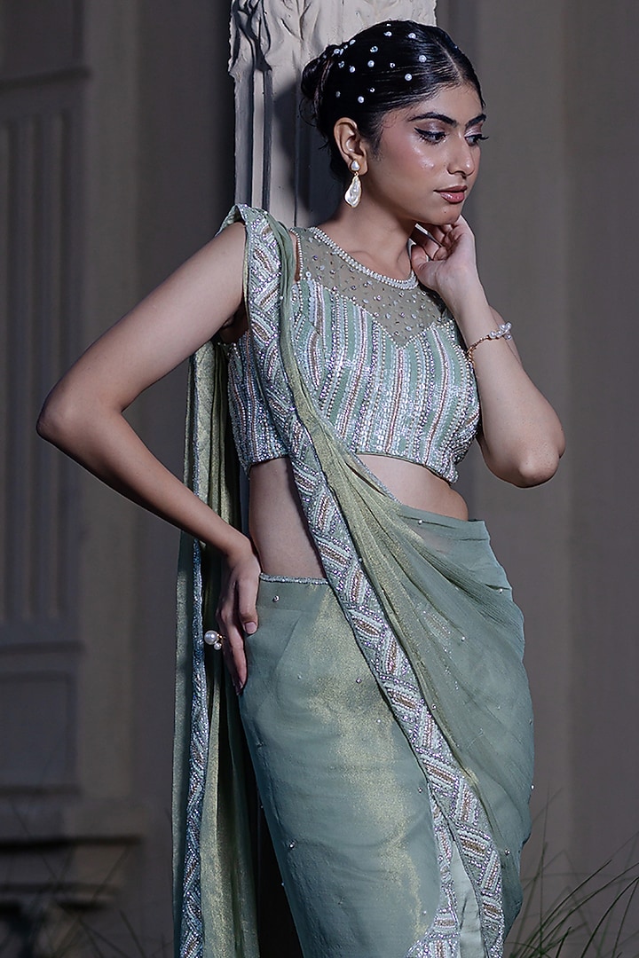 Mint Green Raw Silk Satin Sequin Hand Embroidered Pant Wedding Saree Set by Farha Syed at Pernia's Pop Up Shop