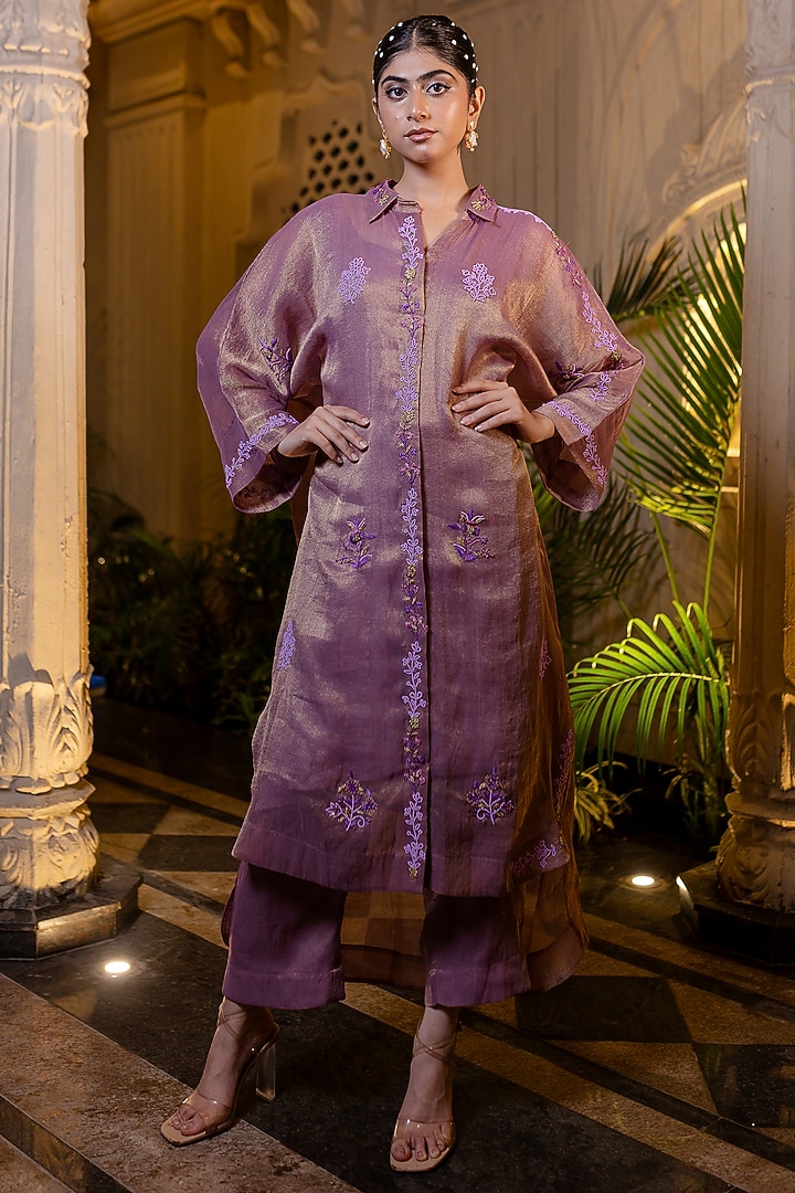 Lavender Tissue Chiffon Pearl & Sequin Embroidered Kurta Set by Farha Syed at Pernia's Pop Up Shop