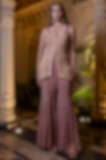 Peachish Pink Tissue Chiffon Kalidar Wedding Sharara Set by Farha Syed at Pernia's Pop Up Shop