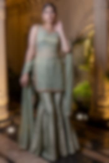 Mint Green Banarasi Brocade Kalidar Wedding Sharara Set by Farha Syed at Pernia's Pop Up Shop