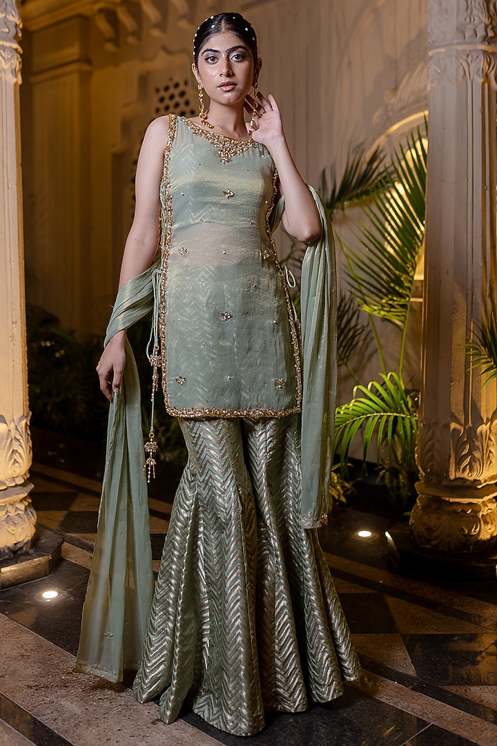Mint Green Banarasi Brocade Kalidar Wedding Sharara Set by Farha Syed at Pernia's Pop Up Shop