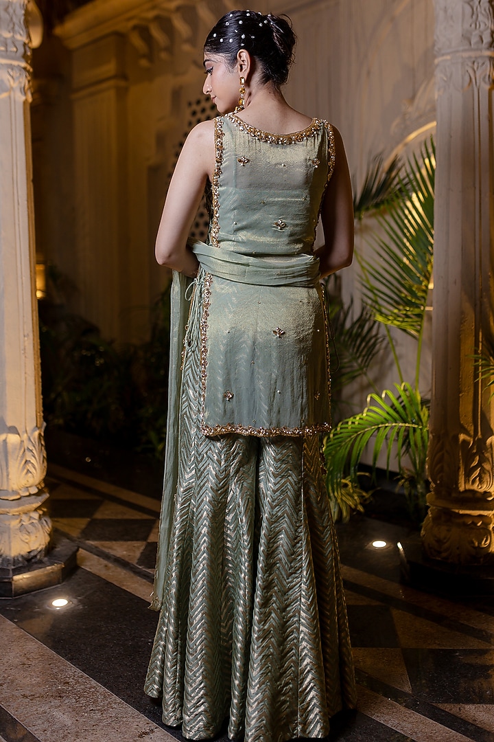 Mint Green Banarasi Brocade Kalidar Wedding Sharara Set by Farha Syed at Pernia's Pop Up Shop
