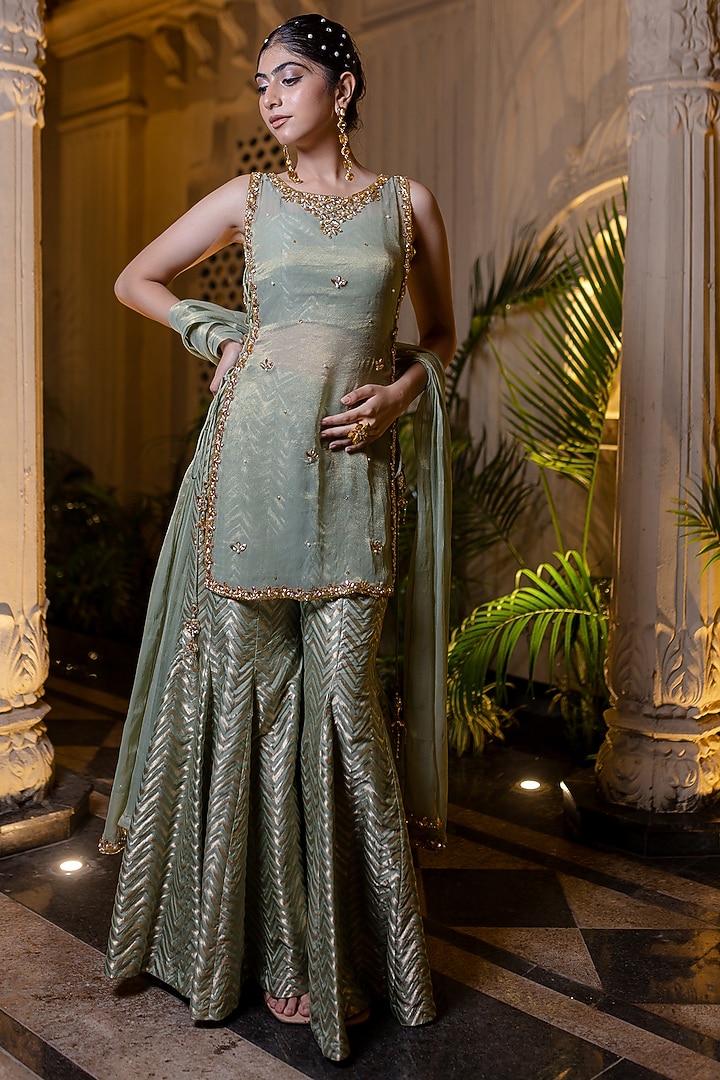 Mint Green Banarasi Brocade Kalidar Wedding Sharara Set by Farha Syed at Pernia's Pop Up Shop