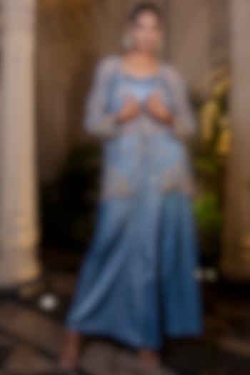 Ice Blue Organza Dori Embroidered Jacket Set by Farha Syed at Pernia's Pop Up Shop