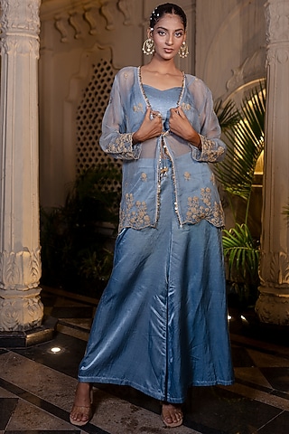 Ice Blue Organza Dori Embroidered Jacket Set by Farha Syed
