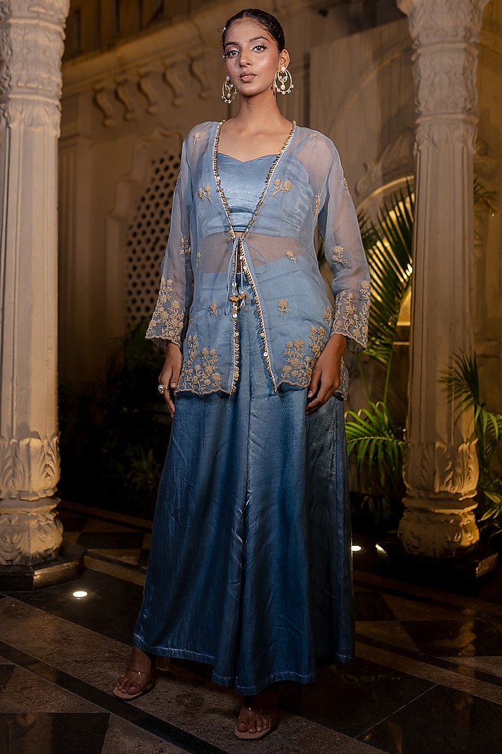 Ice Blue Organza Dori Embroidered Jacket Set by Farha Syed at Pernia's Pop Up Shop