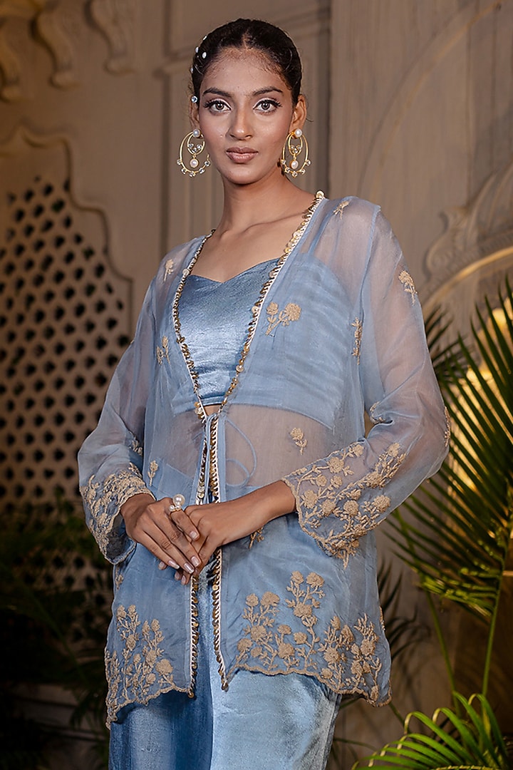 Ice Blue Organza Dori Embroidered Jacket Set by Farha Syed at Pernia's Pop Up Shop