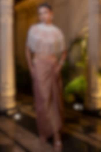 Peachish Pink Tissue Chiffon Draped Skirt Set by Farha Syed at Pernia's Pop Up Shop