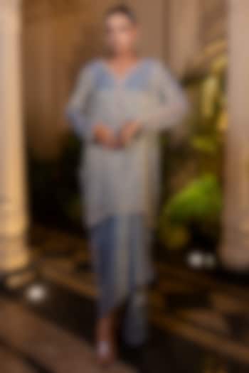 Ice Blue Tissue Chiffon Pearl Embroidered Kurta Set by Farha Syed at Pernia's Pop Up Shop