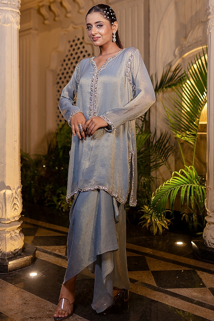 Ice Blue Tissue Chiffon Pearl Embroidered Kurta Set by Farha Syed at Pernia's Pop Up Shop