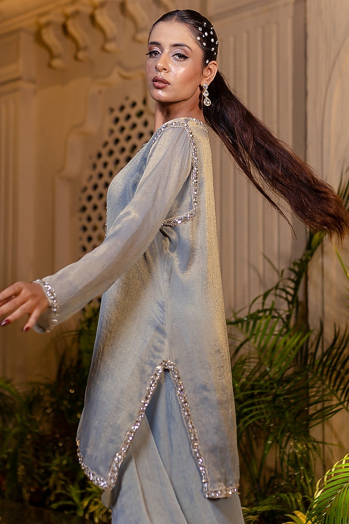 Ice Blue Tissue Chiffon Pearl Embroidered Kurta Set by Farha Syed at Pernia's Pop Up Shop