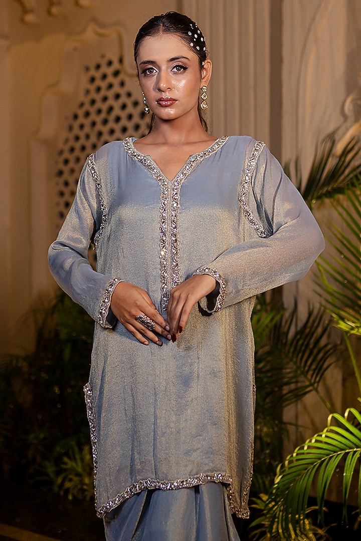 Ice Blue Tissue Chiffon Pearl Embroidered Kurta Set by Farha Syed at Pernia's Pop Up Shop