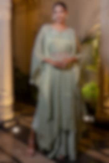 Mint Green Tissue Chiffon Zardosi Hand Embroidered Kaftan Set by Farha Syed at Pernia's Pop Up Shop