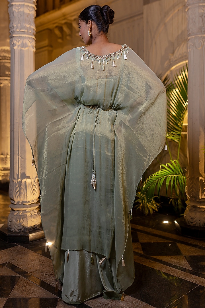 Mint Green Tissue Chiffon Zardosi Hand Embroidered Kaftan Set by Farha Syed at Pernia's Pop Up Shop