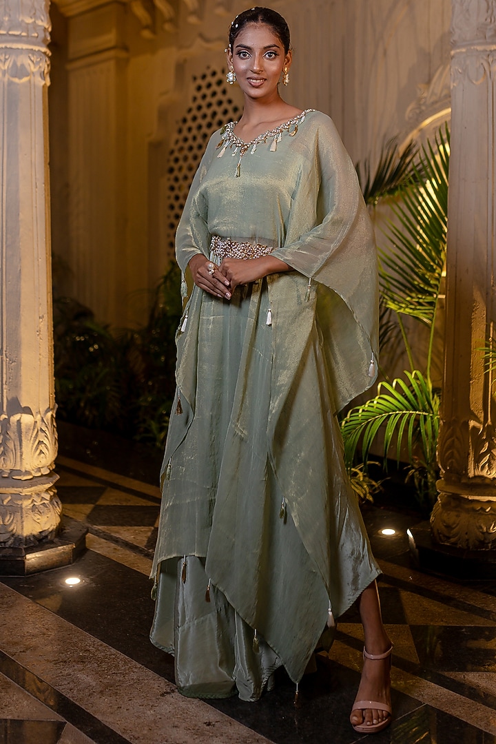 Mint Green Tissue Chiffon Zardosi Hand Embroidered Kaftan Set by Farha Syed at Pernia's Pop Up Shop