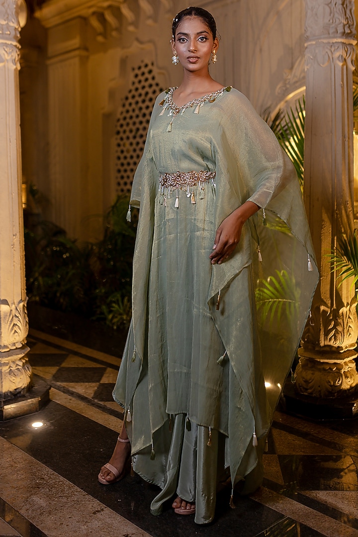 Mint Green Tissue Chiffon Zardosi Hand Embroidered Kaftan Set by Farha Syed at Pernia's Pop Up Shop