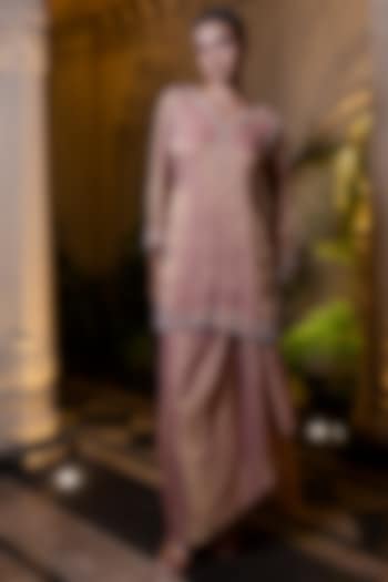 Peachish Pink Tissue Chiffon Pearl Embroidered Kurta Set by Farha Syed at Pernia's Pop Up Shop