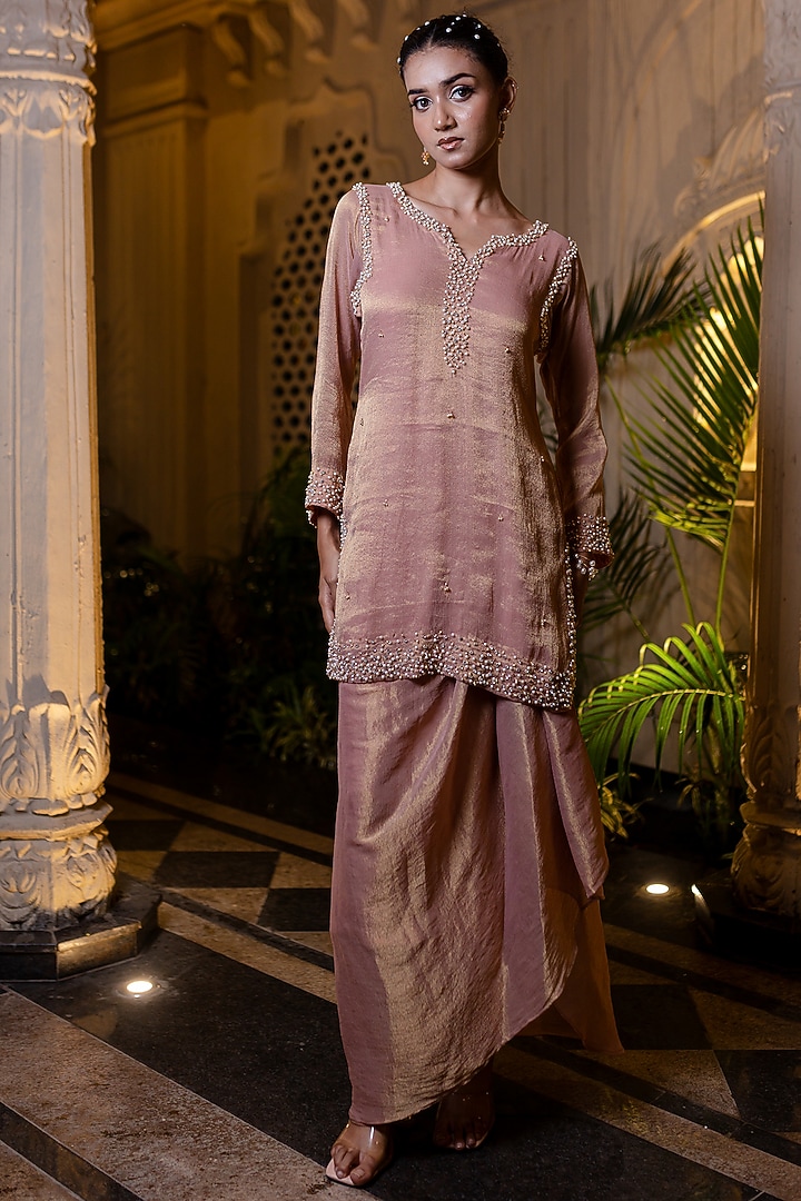 Peachish Pink Tissue Chiffon Pearl Embroidered Kurta Set by Farha Syed at Pernia's Pop Up Shop