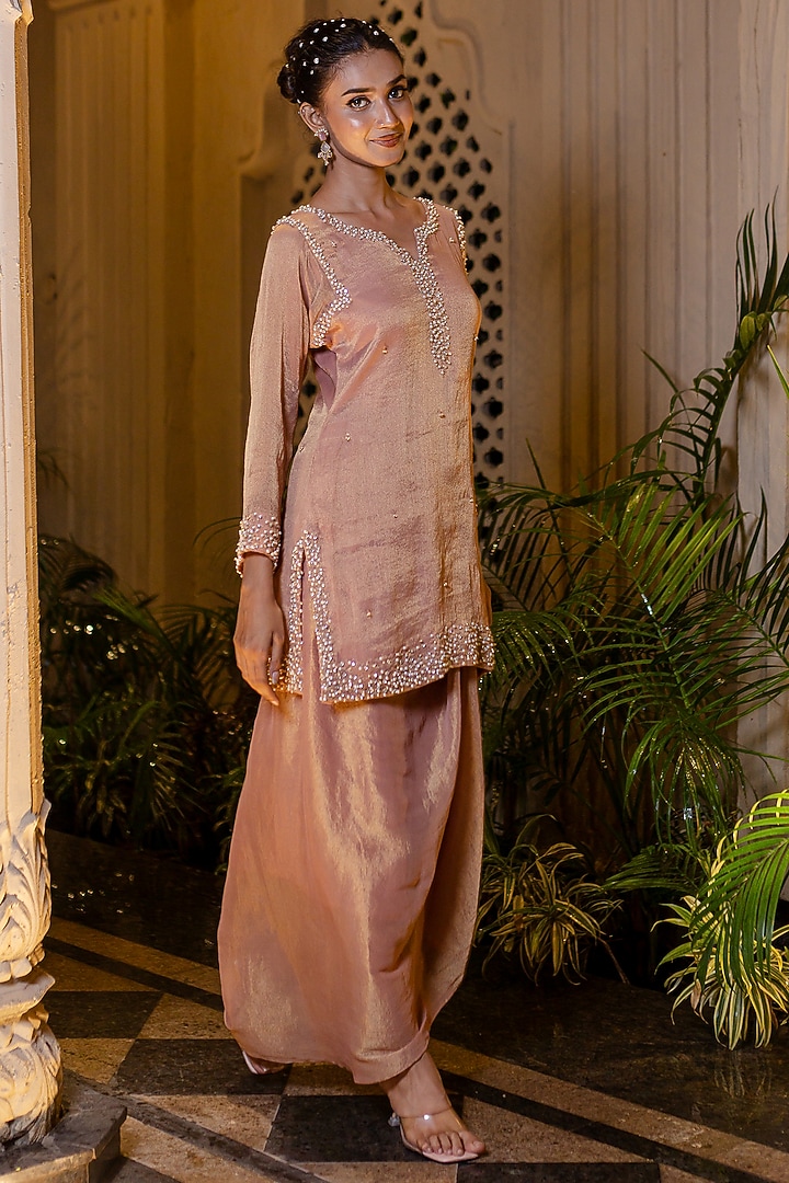 Peachish Pink Tissue Chiffon Pearl Embroidered Kurta Set by Farha Syed at Pernia's Pop Up Shop