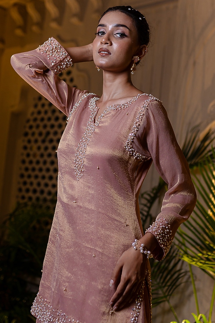 Peachish Pink Tissue Chiffon Pearl Embroidered Kurta Set by Farha Syed at Pernia's Pop Up Shop