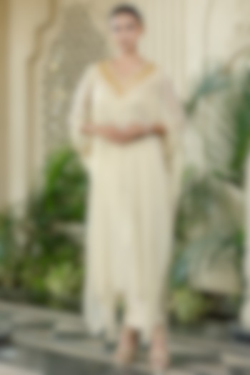 Ivory-Beige Tissue Chiffon Hand Embroidered Kaftan Set by Farha Syed at Pernia's Pop Up Shop