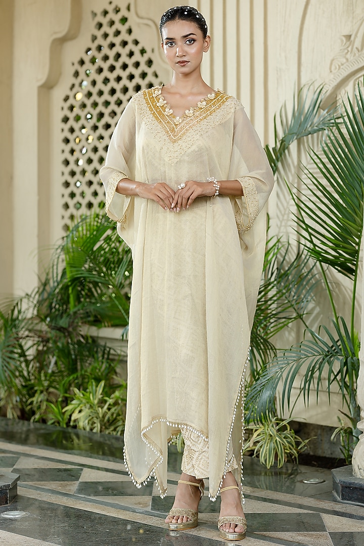 Ivory-Beige Tissue Chiffon Hand Embroidered Kaftan Set by Farha Syed at Pernia's Pop Up Shop