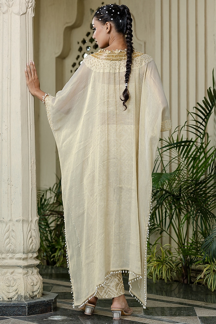 Ivory-Beige Tissue Chiffon Hand Embroidered Kaftan Set by Farha Syed at Pernia's Pop Up Shop
