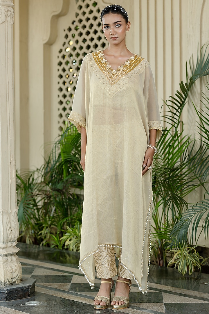 Ivory-Beige Tissue Chiffon Hand Embroidered Kaftan Set by Farha Syed at Pernia's Pop Up Shop