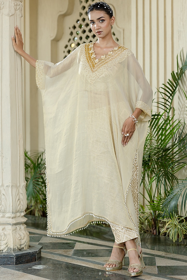 Ivory-Beige Tissue Chiffon Hand Embroidered Kaftan Set by Farha Syed at Pernia's Pop Up Shop