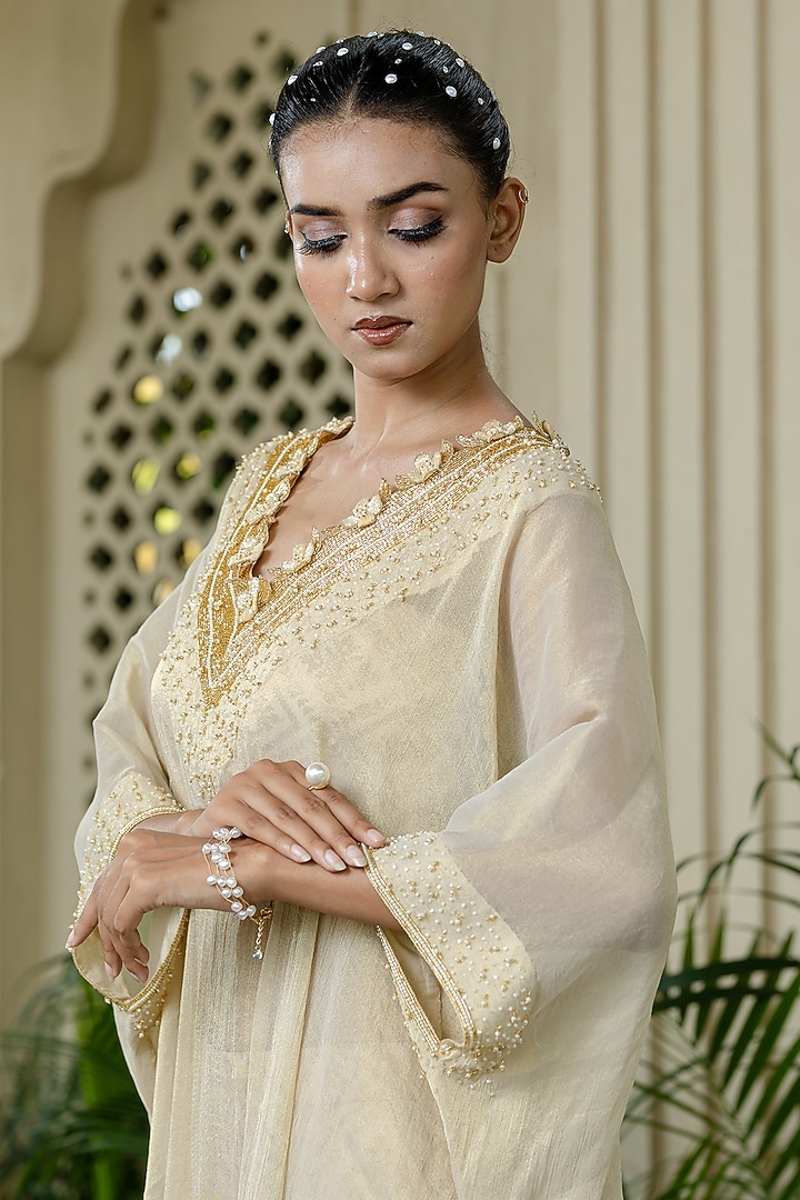 Ivory-Beige Tissue Chiffon Hand Embroidered Kaftan Set by Farha Syed at Pernia's Pop Up Shop