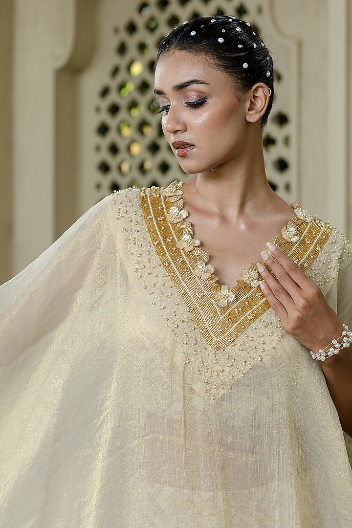 Ivory-Beige Tissue Chiffon Hand Embroidered Kaftan Set by Farha Syed at Pernia's Pop Up Shop