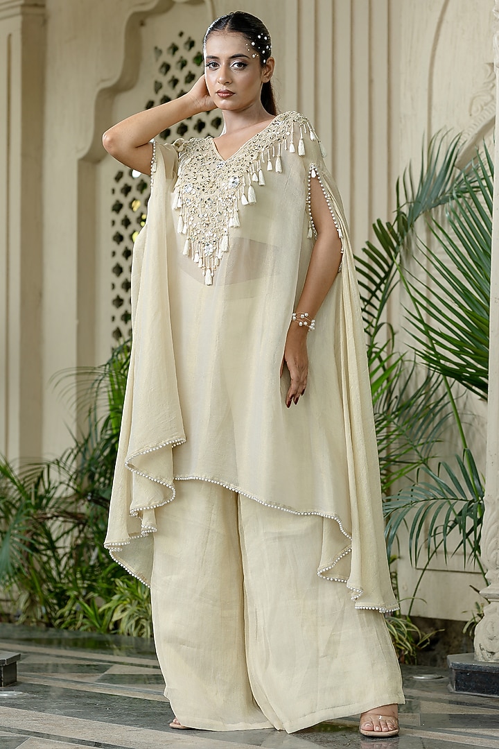 Ivory-Beige Tissue Chiffon Hand Embroidered Kaftan Set by Farha Syed at Pernia's Pop Up Shop