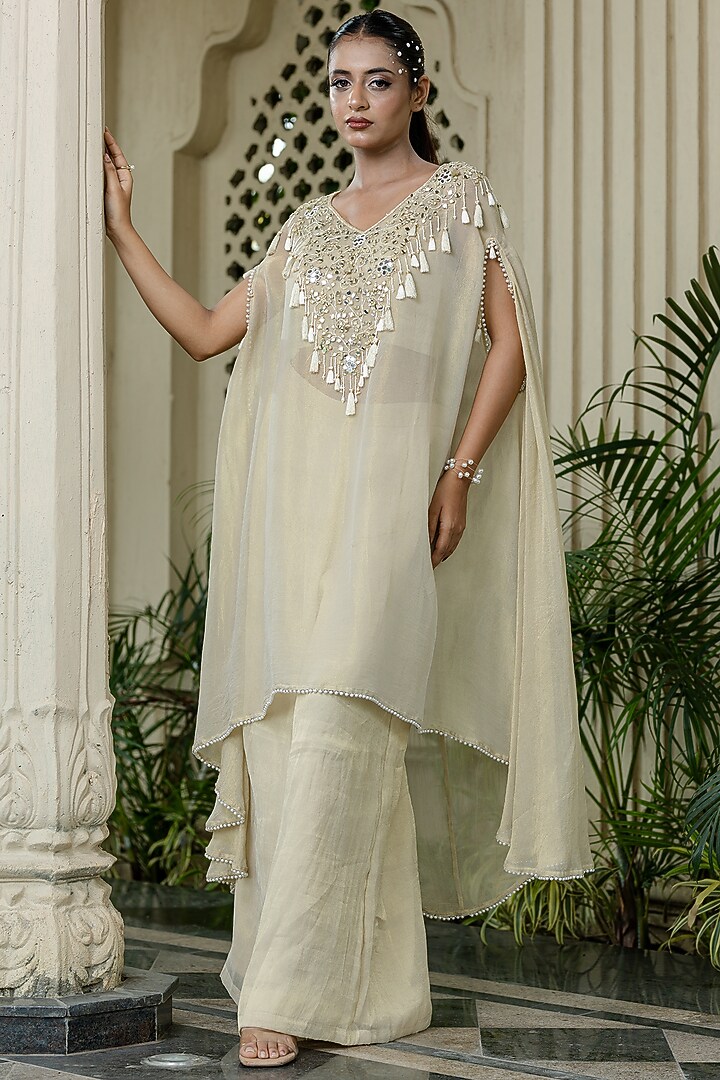Ivory-Beige Tissue Chiffon Hand Embroidered Kaftan Set by Farha Syed at Pernia's Pop Up Shop
