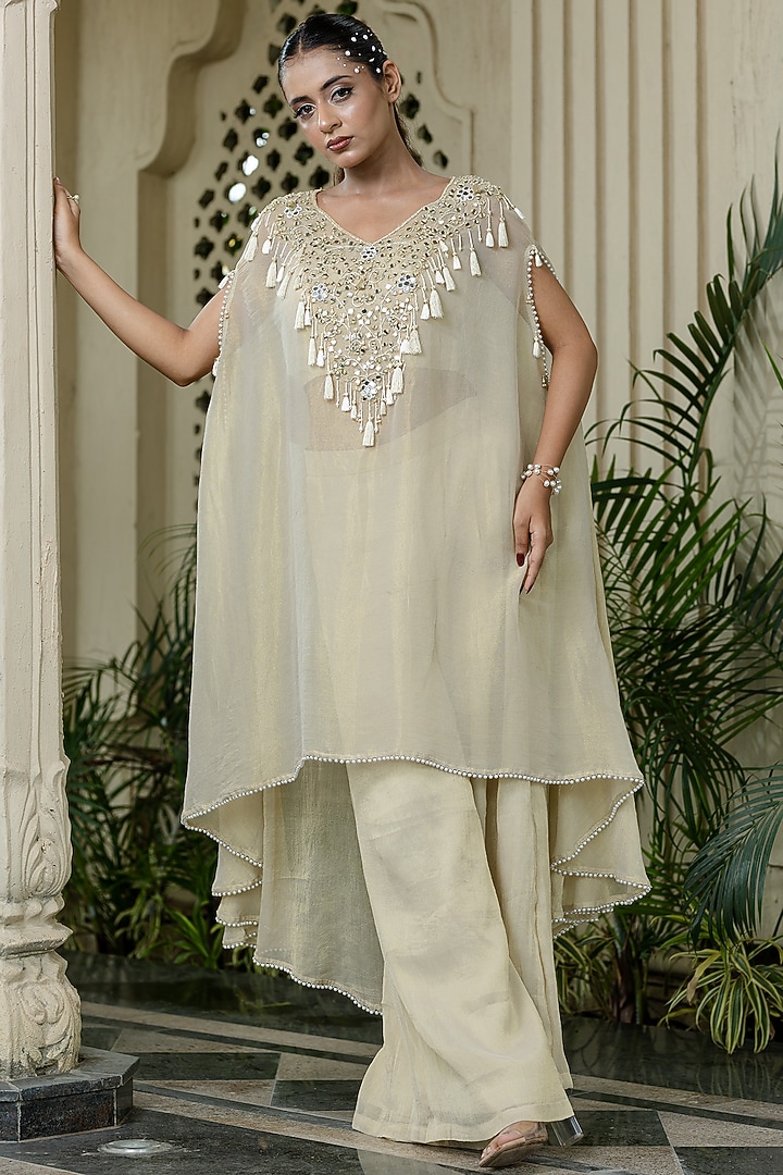 Ivory-Beige Tissue Chiffon Hand Embroidered Kaftan Set by Farha Syed at Pernia's Pop Up Shop