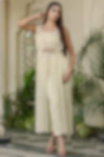 Ivory-Beige Tissue Chiffon Hand Embroidered Kurta Set by Farha Syed at Pernia's Pop Up Shop