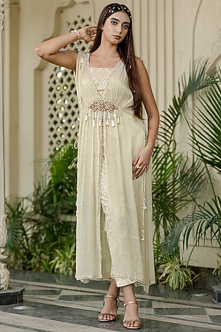 Ivory-Beige Tissue Chiffon Hand Embroidered Kurta Set by Farha Syed