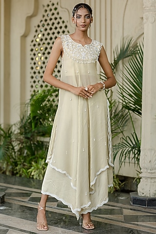 Ivory-Beige Tissue Chiffon Hand Embroidered Kurta Set by Farha Syed