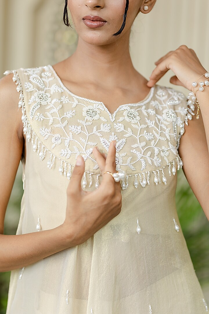Ivory-Beige Tissue Chiffon Hand Embroidered Kurta Set by Farha Syed at Pernia's Pop Up Shop