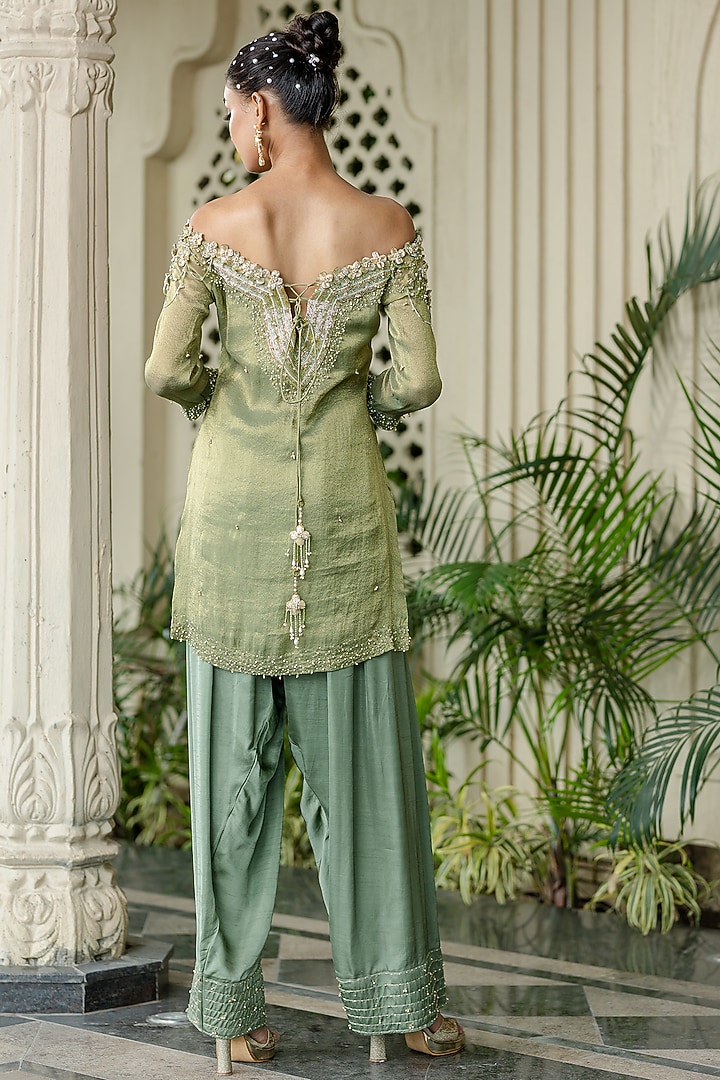 Green Tissue Chiffon Hand Embroidered Kurta Set by Farha Syed at Pernia's Pop Up Shop