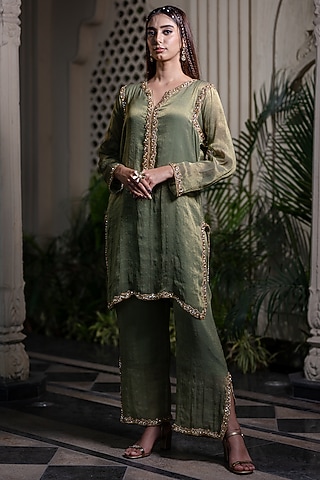 Green Tissue Chiffon Hand Embroidered Kurta Set by Farha Syed