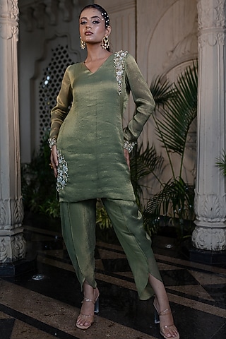 Green Tissue Chiffon Hand Embroidered Kurta Set by Farha Syed
