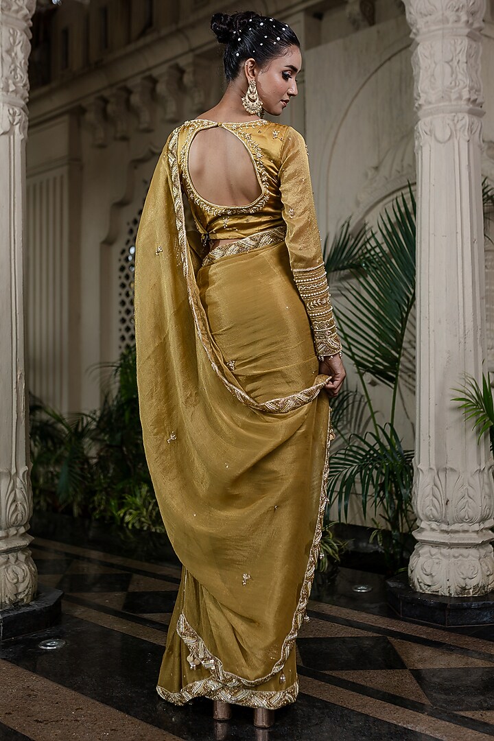Yellow Tissue Chiffon Hand Embroidered Wedding Saree Set by Farha Syed at Pernia's Pop Up Shop