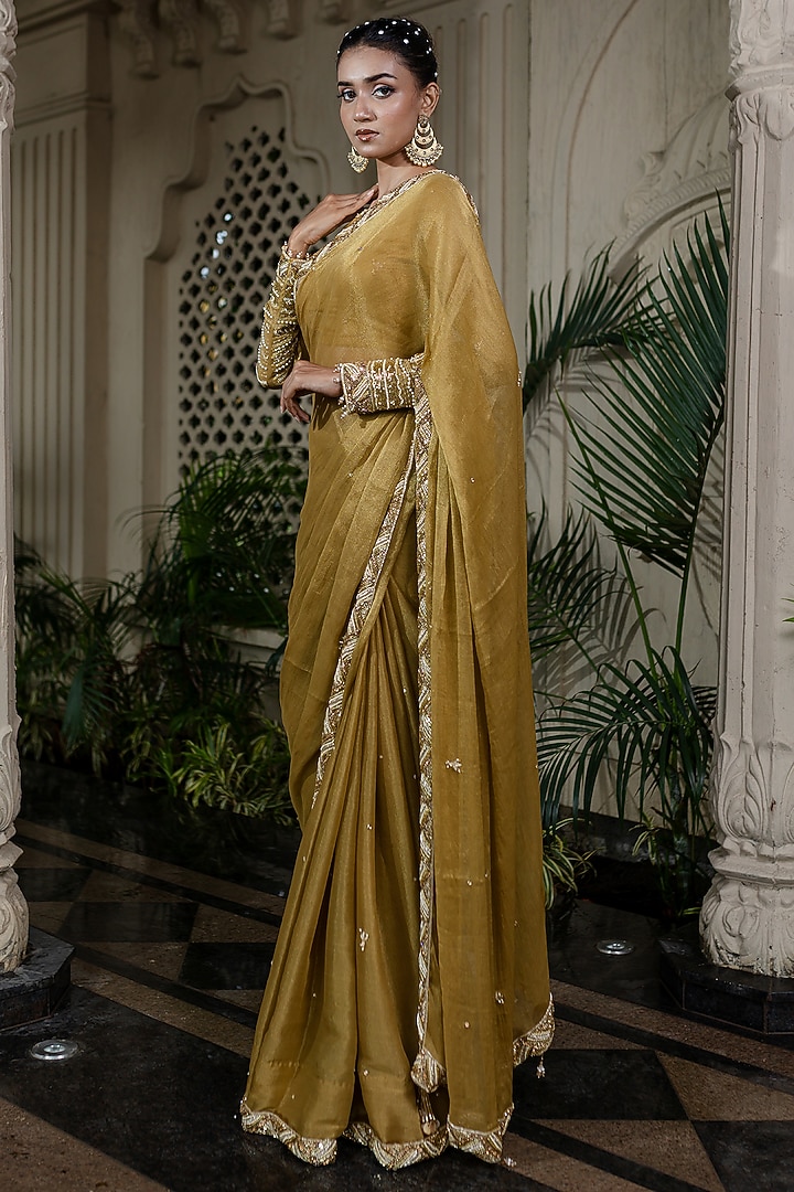 Yellow Tissue Chiffon Hand Embroidered Wedding Saree Set by Farha Syed at Pernia's Pop Up Shop