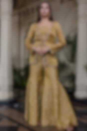 Yellow Tissue Chiffon Hand Embroidered Jacket Set by Farha Syed at Pernia's Pop Up Shop