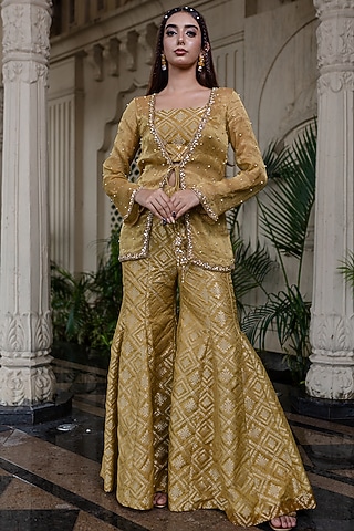 Yellow Tissue Chiffon Hand Embroidered Jacket Set by Farha Syed