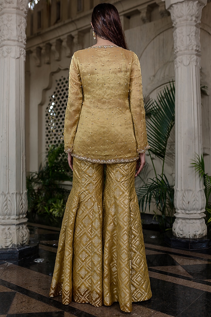 Yellow Tissue Chiffon Hand Embroidered Jacket Set by Farha Syed at Pernia's Pop Up Shop