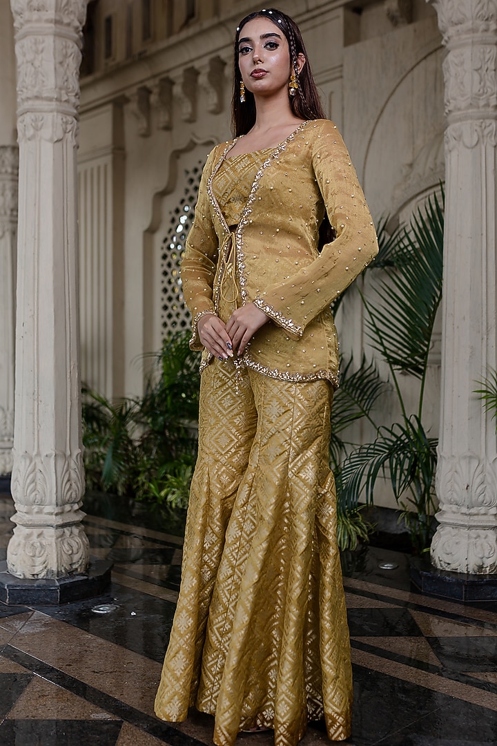 Yellow Tissue Chiffon Hand Embroidered Jacket Set by Farha Syed at Pernia's Pop Up Shop